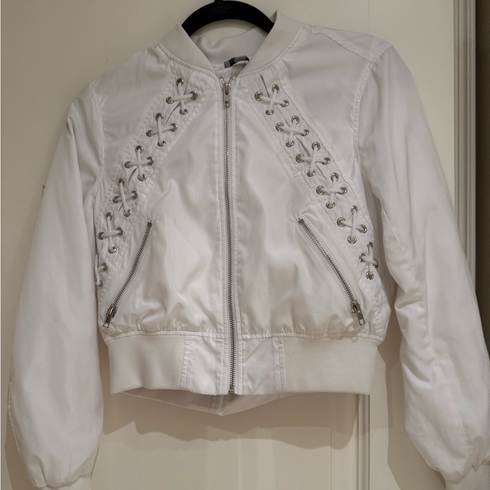 Elegant White Lace-Up Bomber Jacket